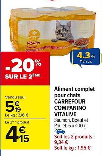 Aliment complet pour chats CARREFOUR COMPANINO VITALIVE