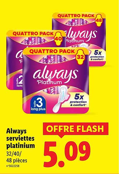 Always serviettes platinum 32/40/48 pièces