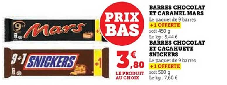 BARRES CHOCOLAT ET CARAMEL MARS / BARRES CHOCOLAT ET CACAHUETE SNICKERS