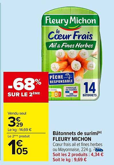Bâtonnets de surimi Fleury Michon - le Cœur Frais Ail & Fines Herbes