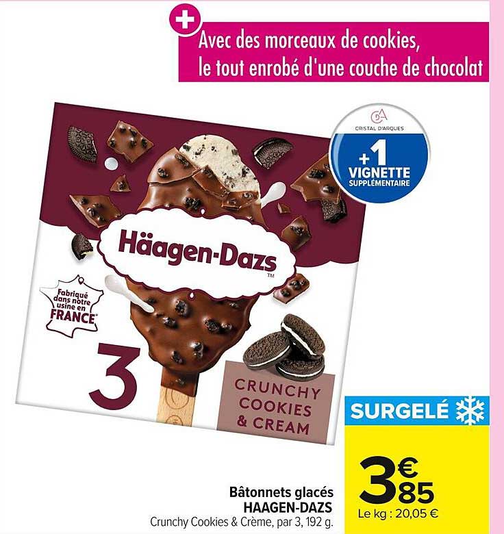 Bâtonnets glacés HAAGEN-DAZS Crunchy Cookies & Crème, par 3, 192 g.
