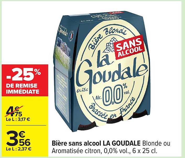 Bière sans alcool LA GOUDALE Blonde ou Aromatisée citron, 0,0% vol., 6 x 25 cl.