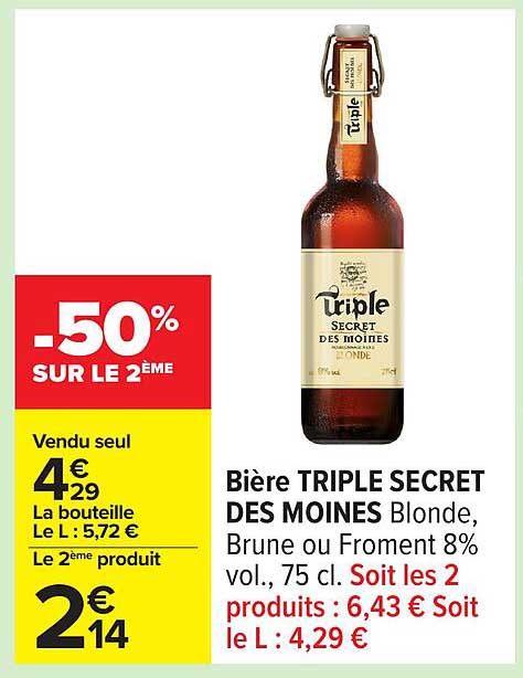 Bière TRIPLE SECRET DES MOINES Blonde, Brune ou Froment 8% vol., 75 cl