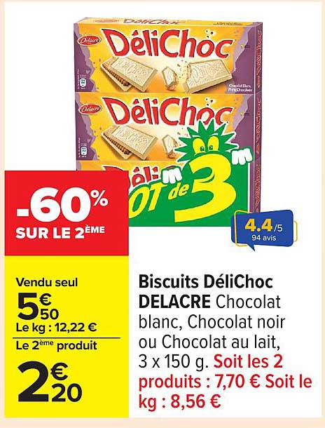Biscuits DéliChoc DELACRE Chocolat blanc, Chocolat noir ou Chocolat au lait