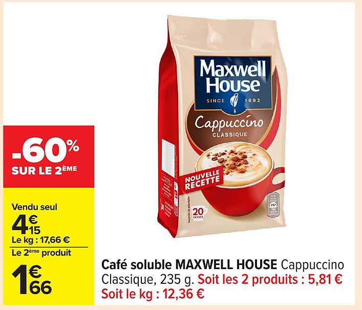 Café soluble MAXWELL HOUSE Cappuccino Classique, 235 g