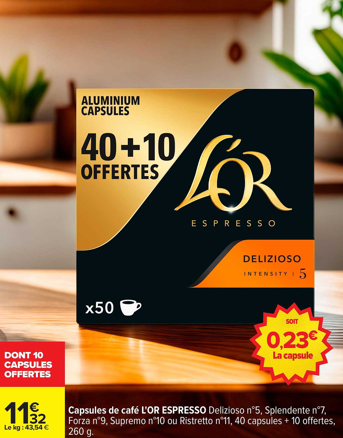 Capsules de café L'OR ESPRESSO Delizioso n°5, Splendente n°7, Forza n°9, Supremo n°10 ou Ristretto n°11, 40 capsules + 10 offertes, 260 g
