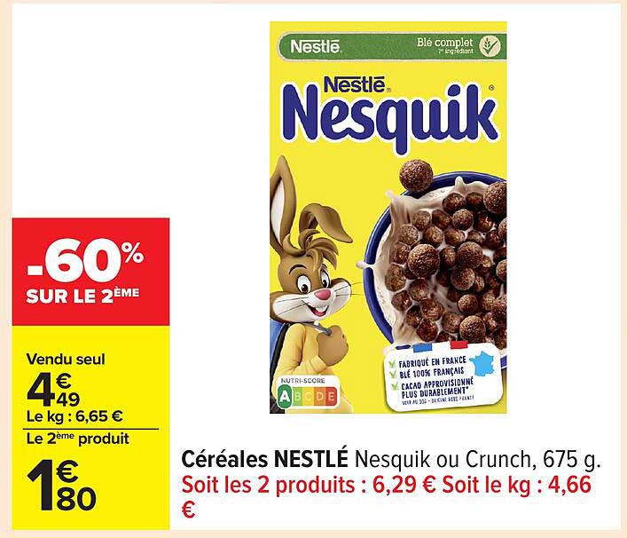 Céréales NESTLÉ Nesquik ou Crunch, 675 g.