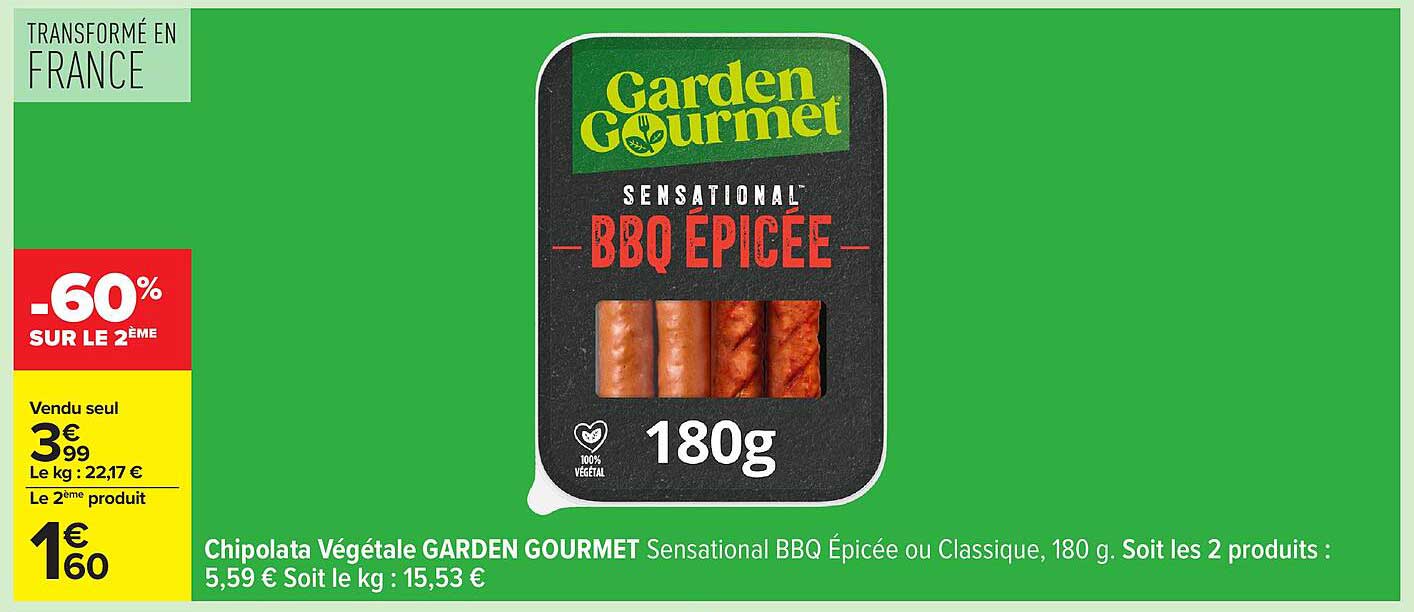 Chipolata Végétale GARDEN GOURMET Sensational BBQ Épicée ou Classique, 180 g