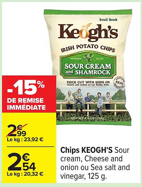 Chips KEOGH'S Sour cream, Cheese and onion ou Sea salt et vinegar, 125 g