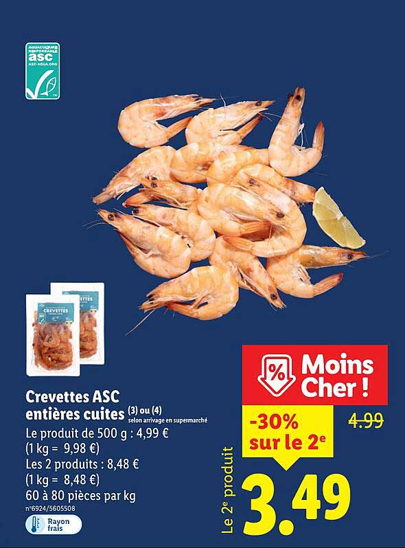 Crevettes ASC entières cuites (3) ou (4)
