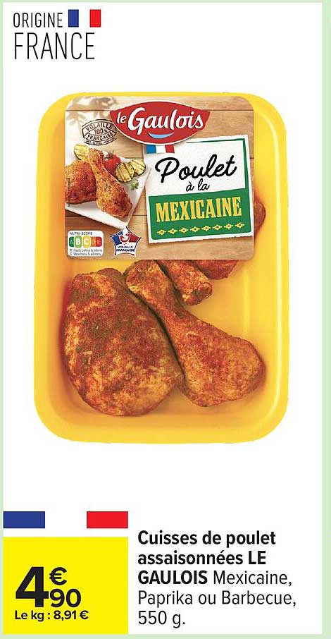 Cuisses de poulet assaisonnées LE GAULOIS Mexicaine, Paprika ou Barbecue, 550 g