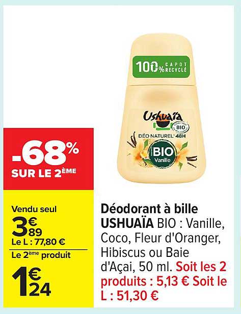 Déodorant à bille USHUAÏA BIO : Vanille, Coco, Fleur d'Oranger, Hibiscus ou Baie d'Açaï, 50 ml.