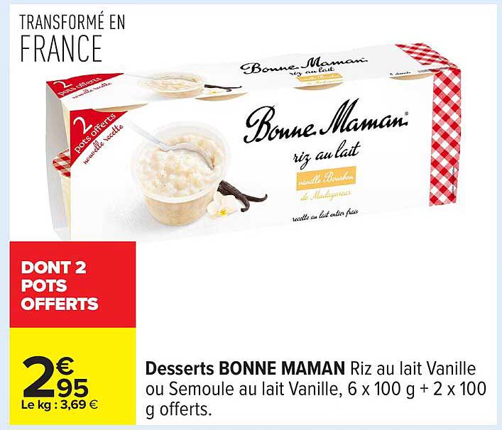 Desserts BONNE MAMAN Riz au lait Vanille ou Semoule au lait Vanille, 6 x 100 g + 2 x 100 g offerts