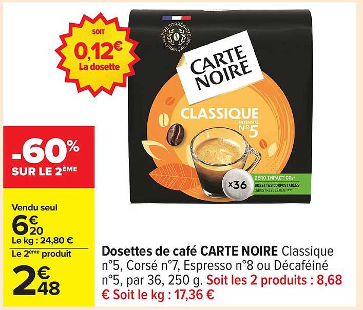 Dosettes de café CARTE NOIRE Classique n°5, Corsé n°7, Espresso n°8 ou Décaféiné