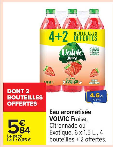 Eau aromatisée VOLVIC Fraise, Citronnade ou Exotique, 6 x 1.5 L, 4 bouteilles + 2 offertes