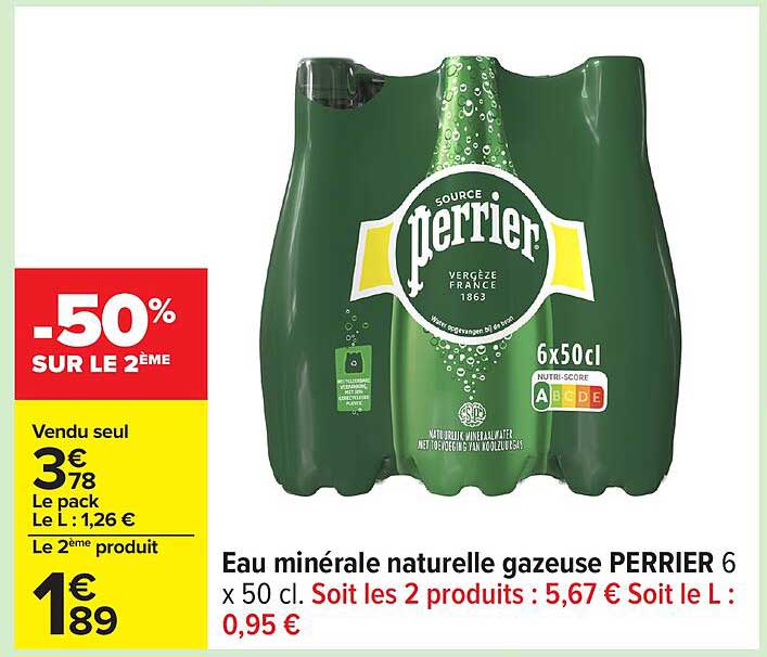 Eau minérale naturelle gazeuse PERRIER 6 x 50 cl.
