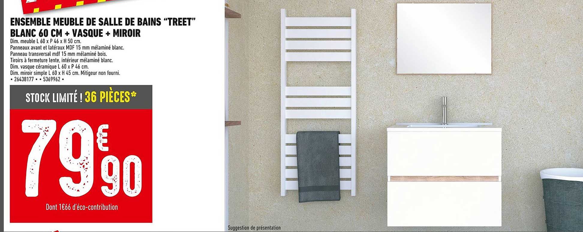 ENSEMBLE MEUBLE DE SALLE DE BAINS "TREET" BLANC 60 CM + VASQUE + MIROIR