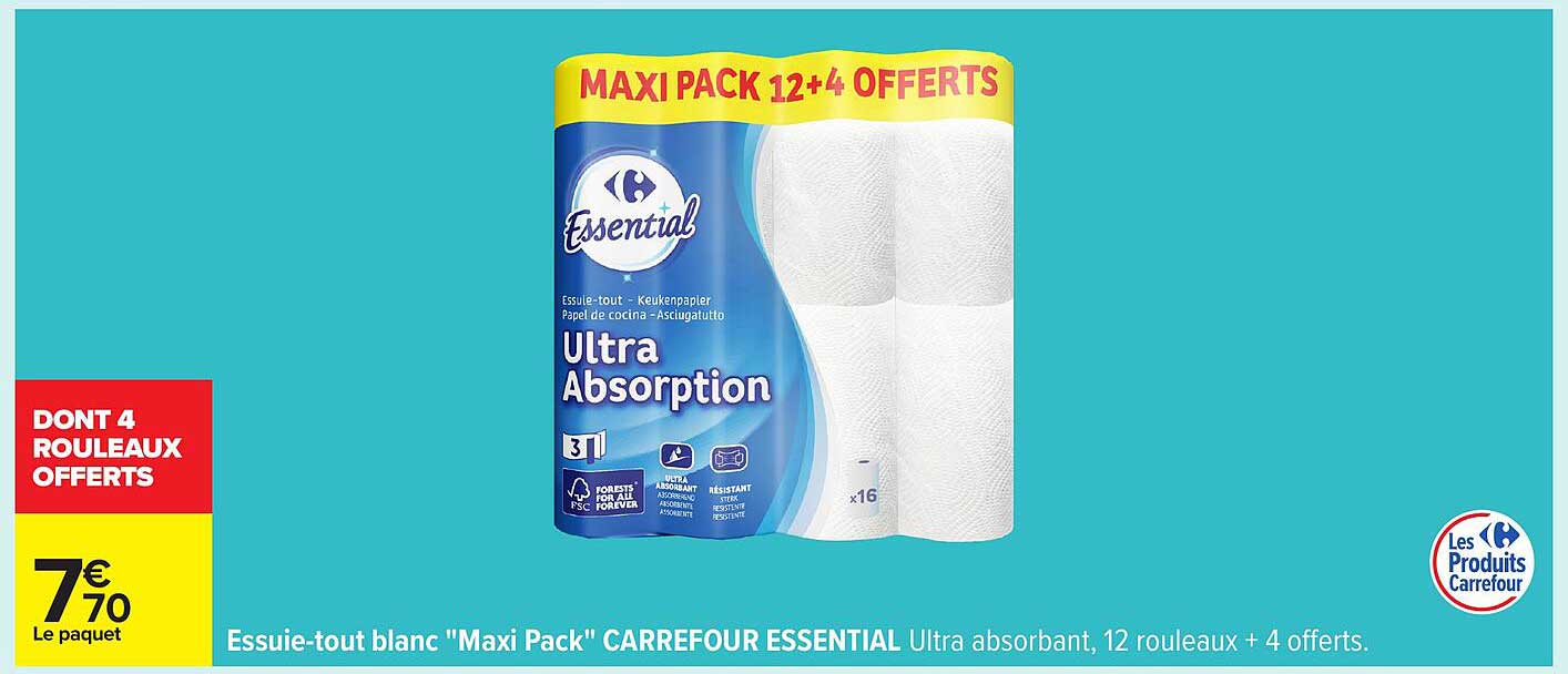 Essuie-tout blanc "Maxi Pack" CARREFOUR ESSENTIAL Ultra absorbant, 12 rouleaux + 4 offerts.