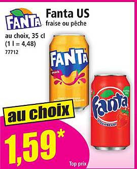 Fanta US fraise ou pêche au choix, 35 cl (1 l = 4,48)