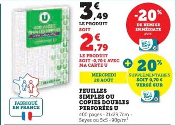 FEUILLES SIMPLES OU COPIES DOUBLES PERFORÉES U