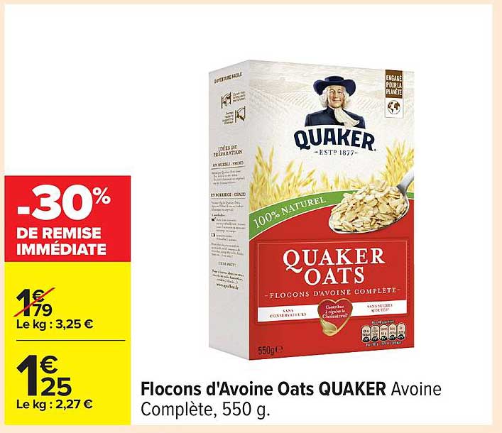 Flocons d'Avoine Oats QUAKER Avoine Complète, 550 g.