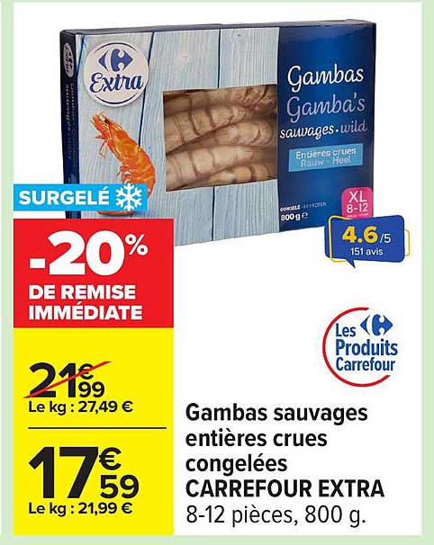 Gambas sauvages entières crues congelées CARREFOUR EXTRA