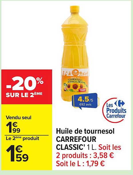 Huile de tournesol CARREFOUR CLASSIC* 1 L