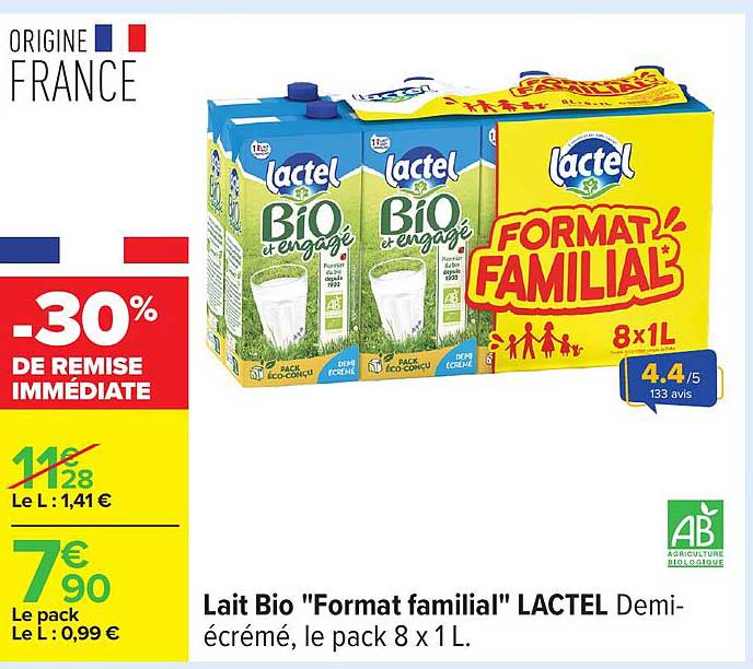 Lait Bio "Format familial" LACTEL Demi-écrémé, le pack 8 x 1 L.