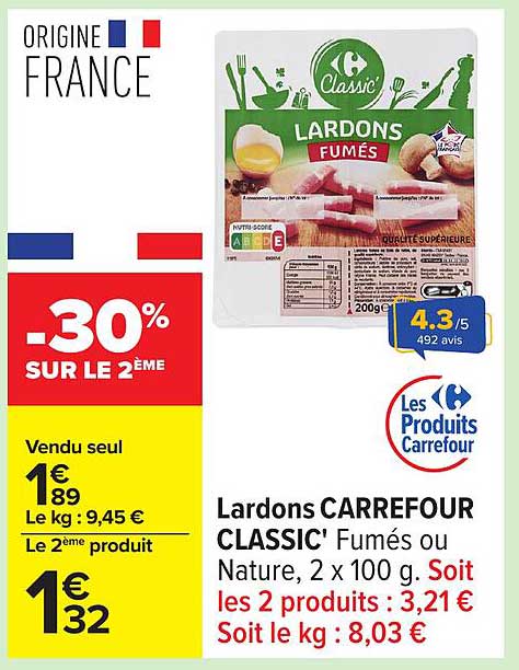 Lardons CARREFOUR CLASSIC' Fumés ou Nature, 2 x 100 g