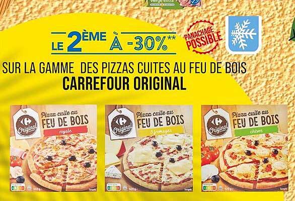 Le 2ème à -30%** sur la gamme des pizzas cuites au feu de bois Carrefour Original