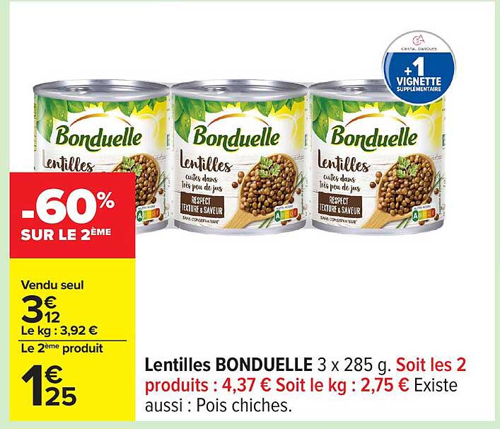 Lentilles BONDUELLE 3 x 285 g. Soit les 2 produits : 4,37 € Soit le kg : 2,75 € Existe aussi : Pois chiches.