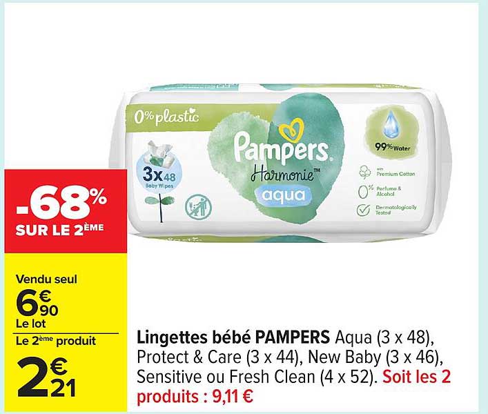 Lingettes bébé PAMPERS Aqua (3 x 48), Protect & Care (3 x 44), New Baby (3 x 46), Sensitive ou Fresh Clean (4 x 52). Soit les 2 produits : 9,11 €
