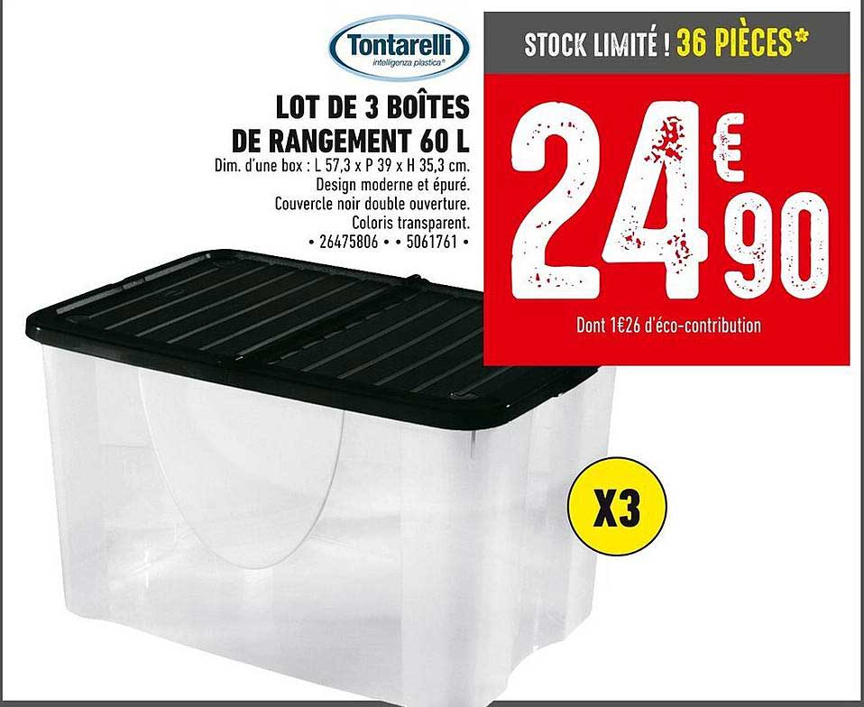 LOT DE 3 BOÎTES DE RANGEMENT 60 L