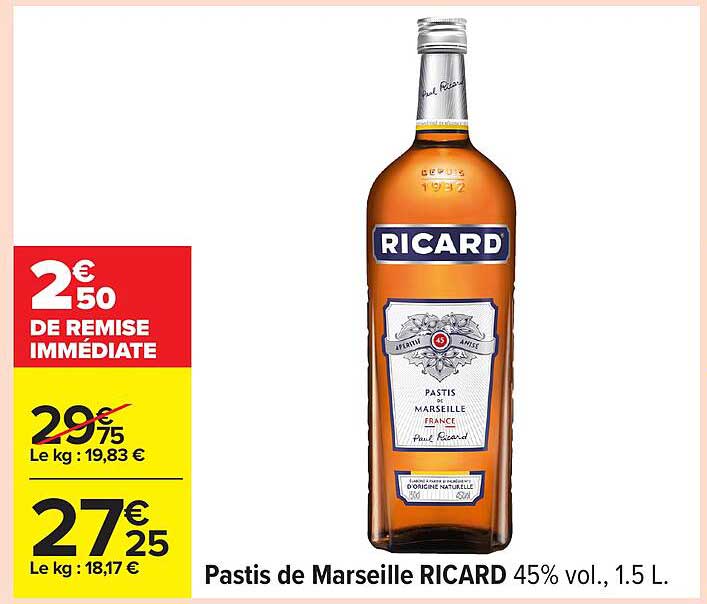 Pastis de Marseille RICARD 45% vol., 1.5 L