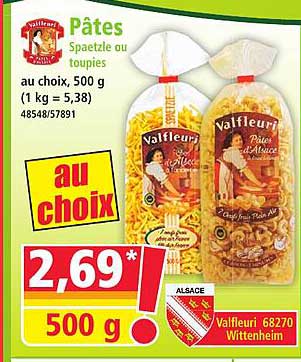 Pâtes Spaetzle ou toupies au choix, 500 g
