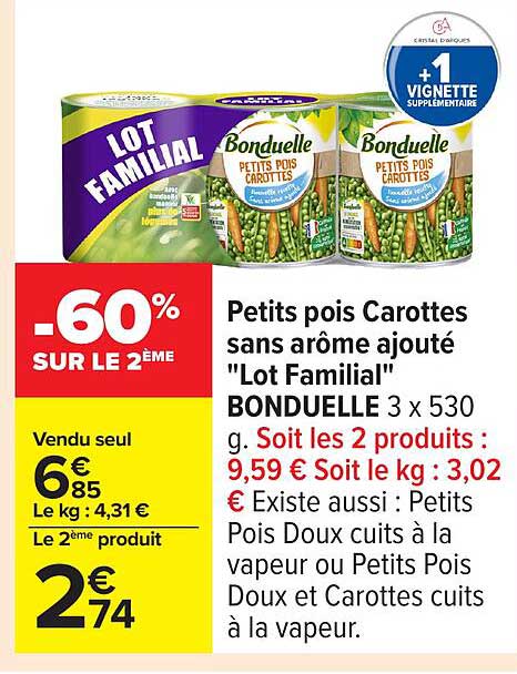 Petits pois Carottes sans arôme ajouté "Lot Familial" BONDUELLE 3 x 530 g
