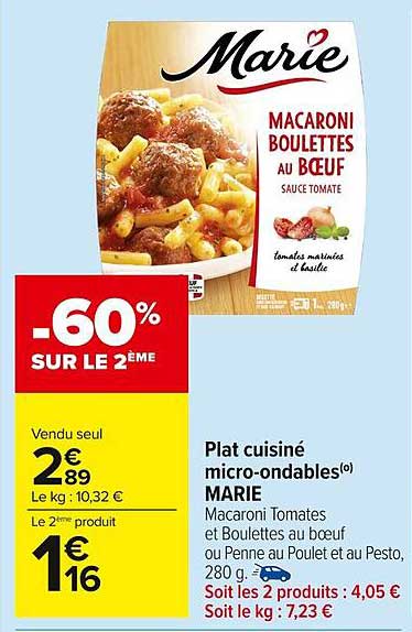 Plat cuisiné micro-ondables Marie - Macaroni Boulettes au Bœuf