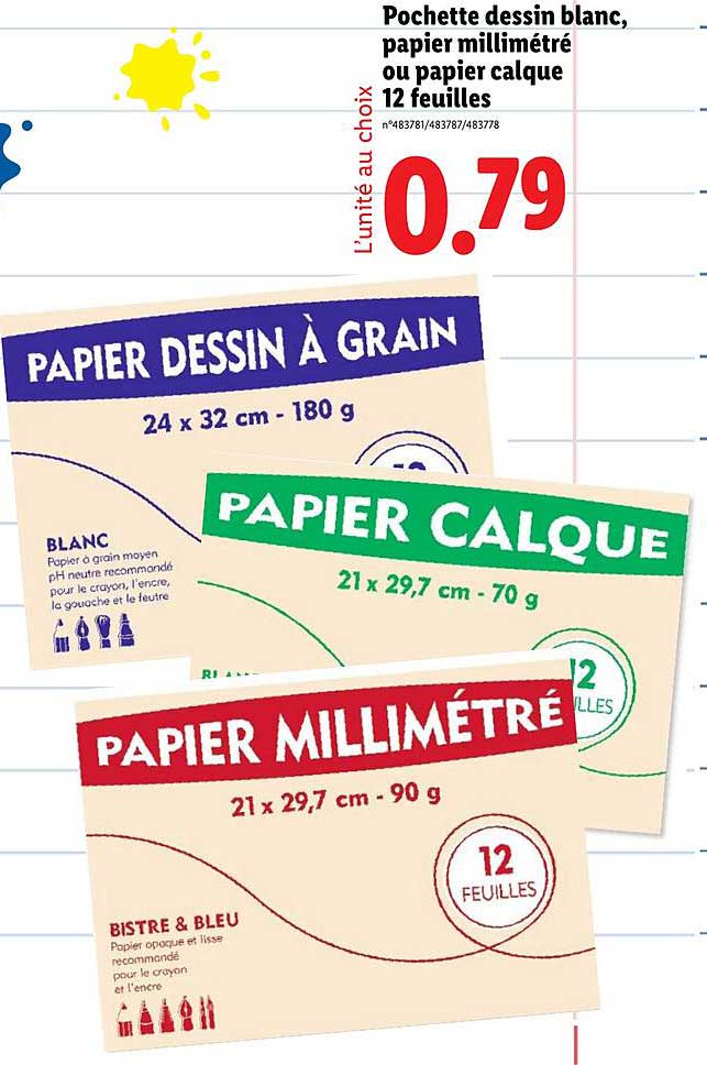 Pochette dessin blanc, papier millimétré ou papier calque 12 feuilles