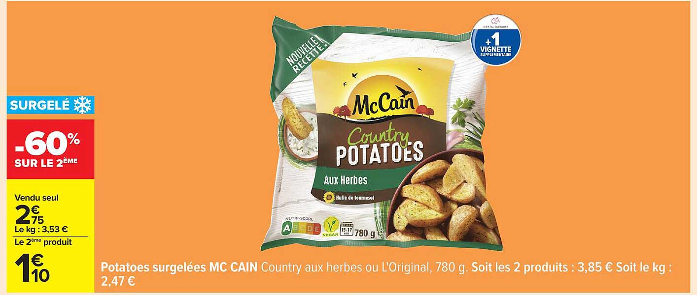 Potatoes surgelées MC CAIN Country aux herbes ou L'Original, 780 g.
