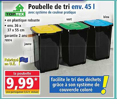 Poubelle de tri env. 45 l avec système de couleur pratique