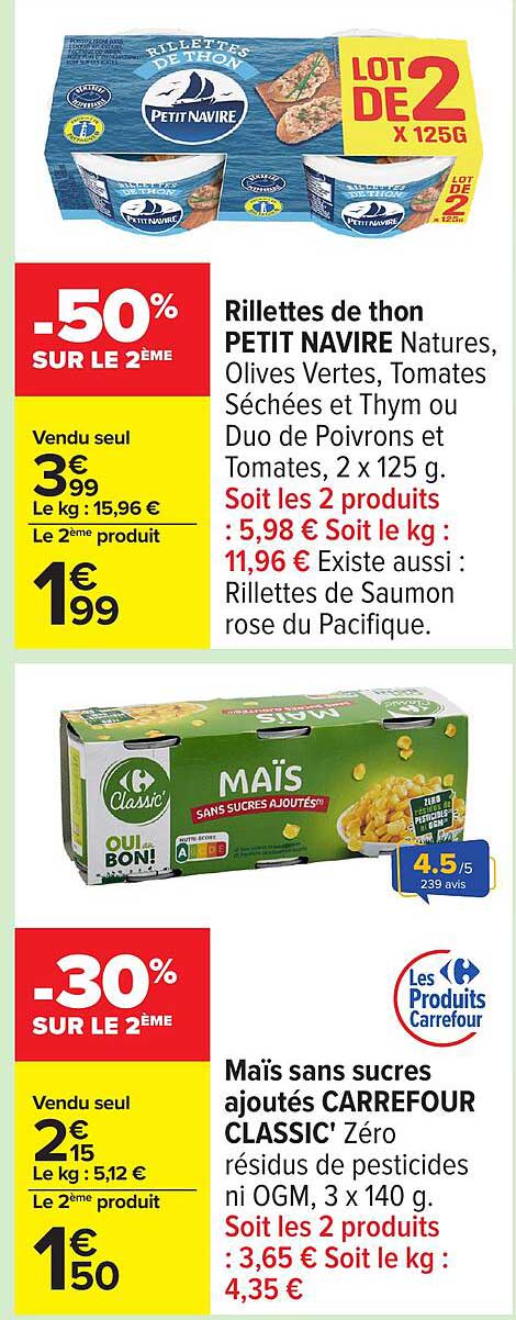 Rillettes de thon PETIT NAVIRE Nature, Olives Vertes, Tomates Séchées et Thym ou Duo de Poivrons et Tomates, 2 x 125 g