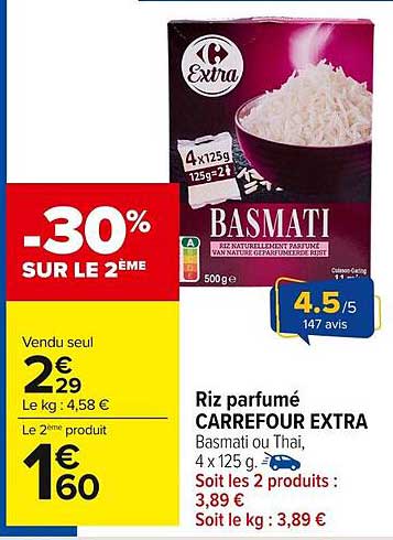 Riz parfumé CARREFOUR EXTRA Basmati ou Thaï, 4 x 125 g