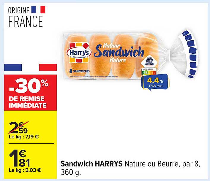 Sandwich HARRYS Nature ou Beurre, par 8, 360 g.