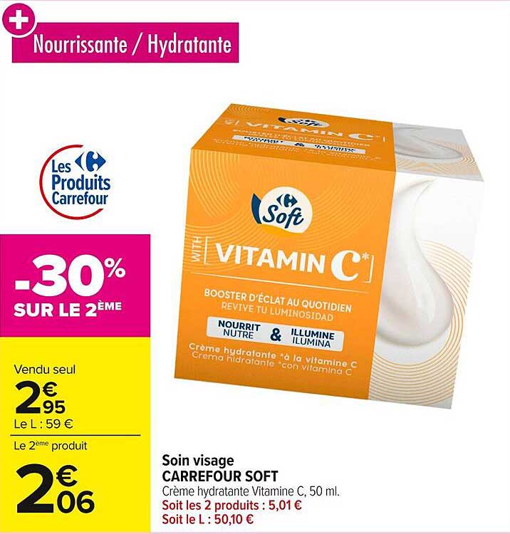 Soin visage CARREFOUR SOFT - Crème hydratante Vitamine C, 50 ml.