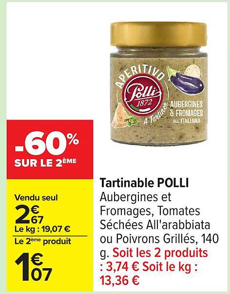 Tartinable POLLI Aubergines et Fromages, Tomates Séchées All'arabbiata ou Poivrons Grillés, 140 g