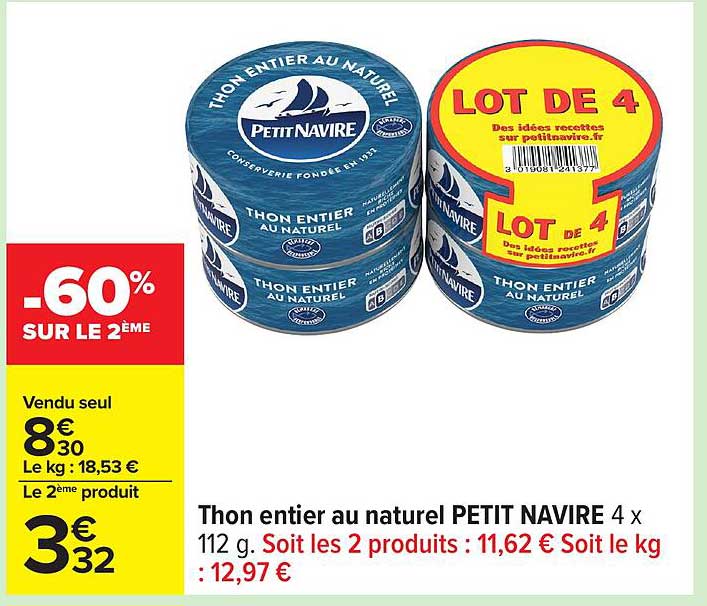 Thon entier au naturel PETIT NAVIRE 4 x 112 g