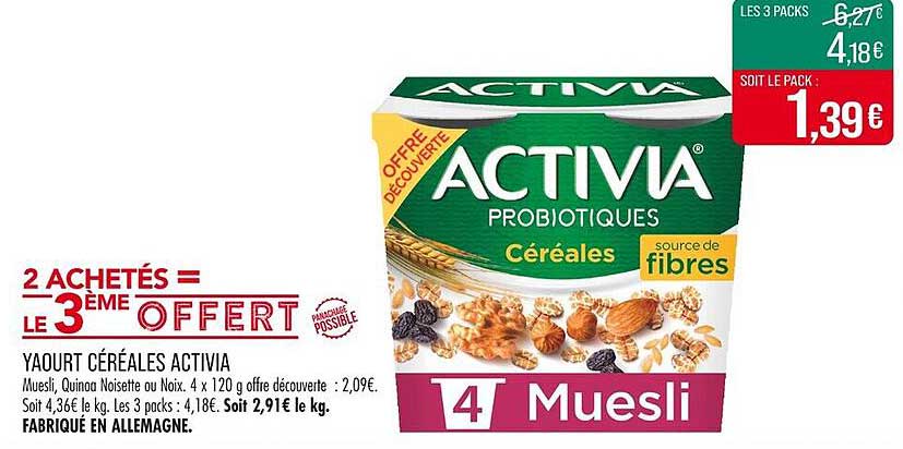 Yaourt Céréales Activia Muesli, Quinoa Noisette ou Noix 4 x 120 g