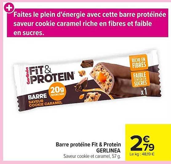 Barre protéine Fit & Protein GERLINEA Saveur cookie et caramel, 57 g.