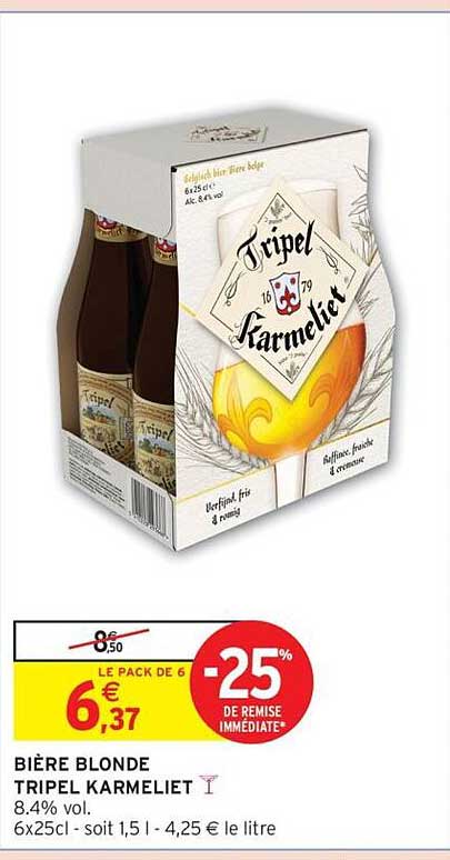 BIÈRE BLONDE TRIPEL KARMELIET 8.4% vol. 6x25cl - soit 1,5 l - 4,25 € le litre