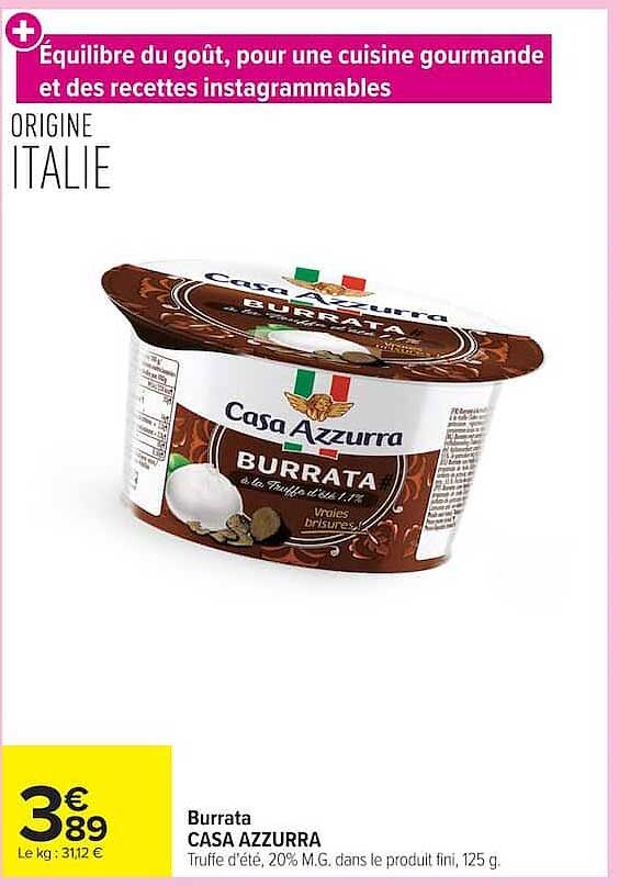 Burrata CASA AZZURRA Truffe d'été, 20% M.G. dans le produit fini, 125 g.